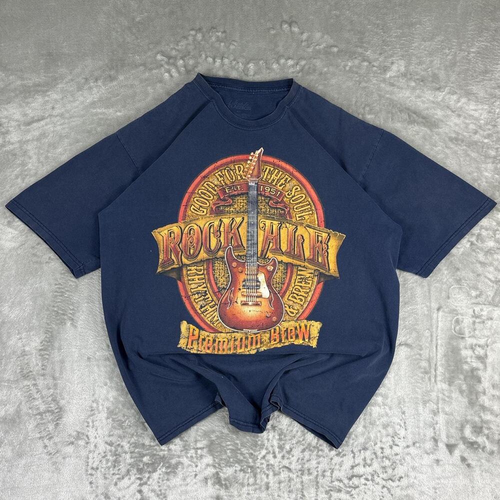 Vintage Y2K Lifestyle Classics Rock Ale Premium Brew Tshirt Navy Blue Size X-L